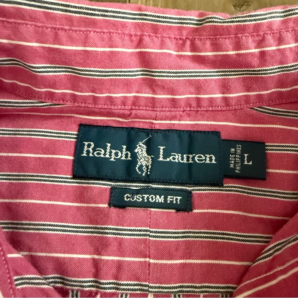 Ralph Lauren Custom Fit Button Down‎ Shirt Men Large Pink Vertical Stripe Preppy - Picture 3 of 7